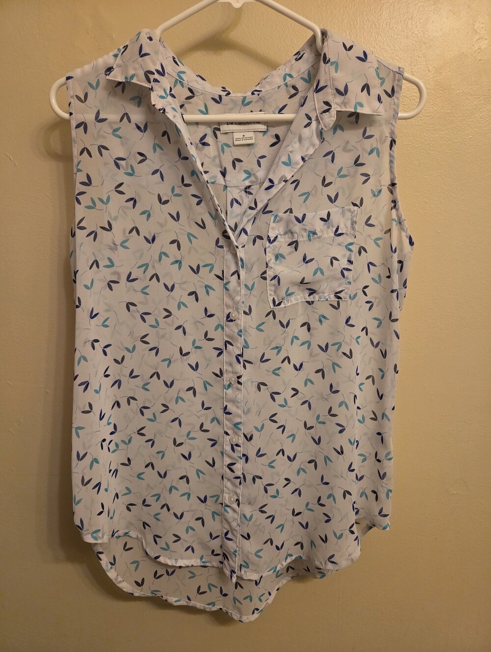 Liz Claiborne Small S Sleeveless Leaf Print Top Preppy Professional Coastal Chic